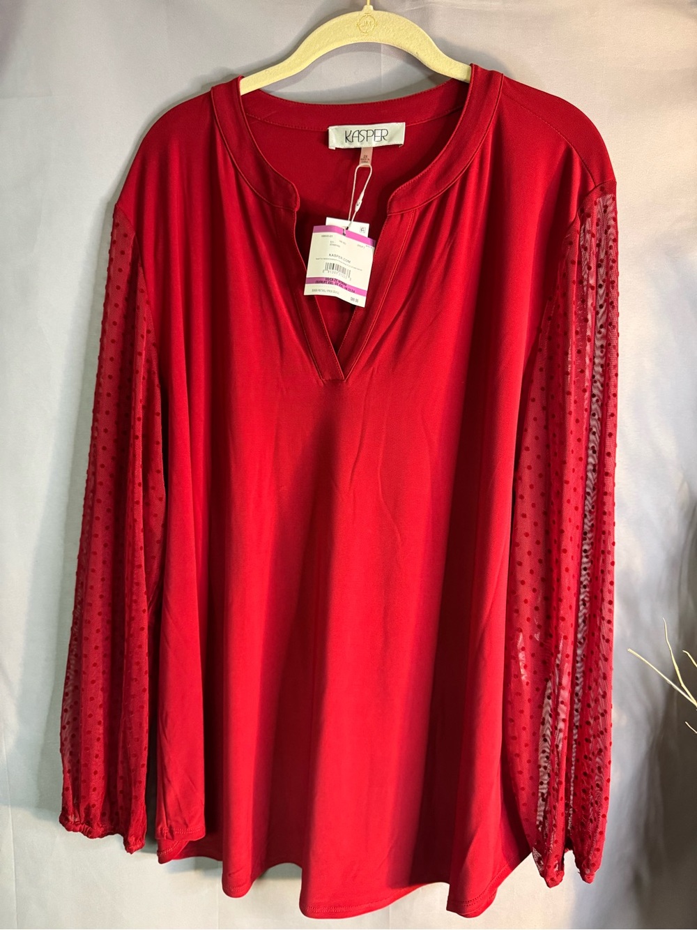 Kasper Red V-Neck Tunic with Sheer Dot Sleeves